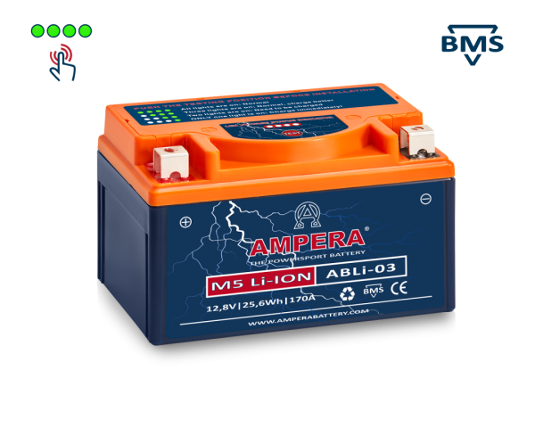 Motocyklová baterie AMPERA® M5 ABLi-03 12,8V, 430A, 64Wh /YTX7A-BS, YTX9-BS, YTX12-BS, YTX12A-BS, YTX14-BS, YTX16-BS, YTZ10S-BS, YTZ12S-BS, YTZ14S-BS, YTX20A-BS, YTX20CH-BS/